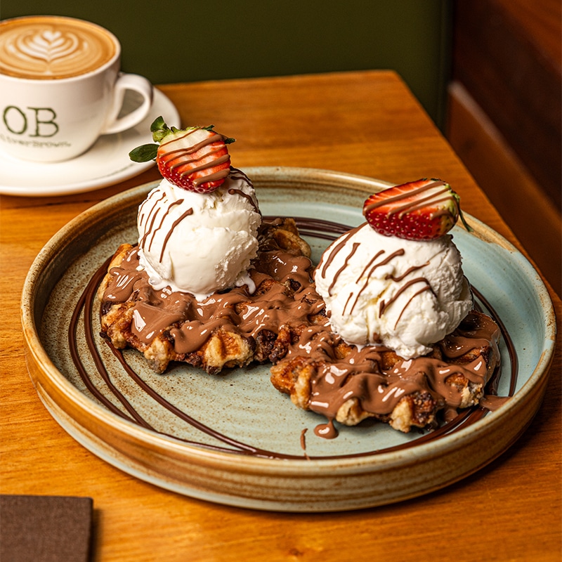 Waffles with ice cream and strawberries
